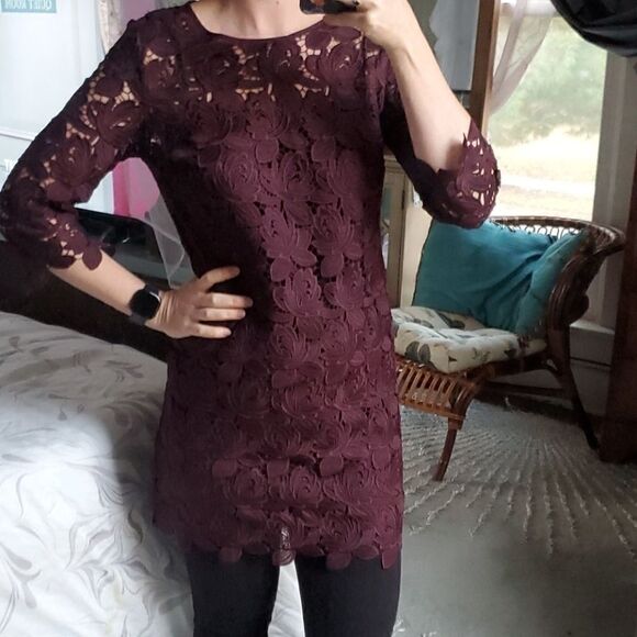 Loft Maroon Floral Lace Dress - Picture 4 of 14